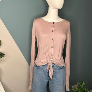 Project Social T Ribbed Knit Button Front Tie Hem Long Sleeve Top NWOT XS